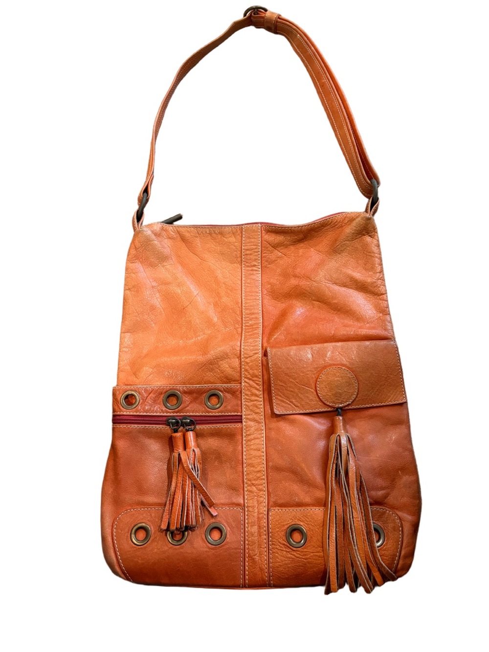 Avorio Italian Leather Tassel Shoulder Bag in Cognac Brown large well loved
